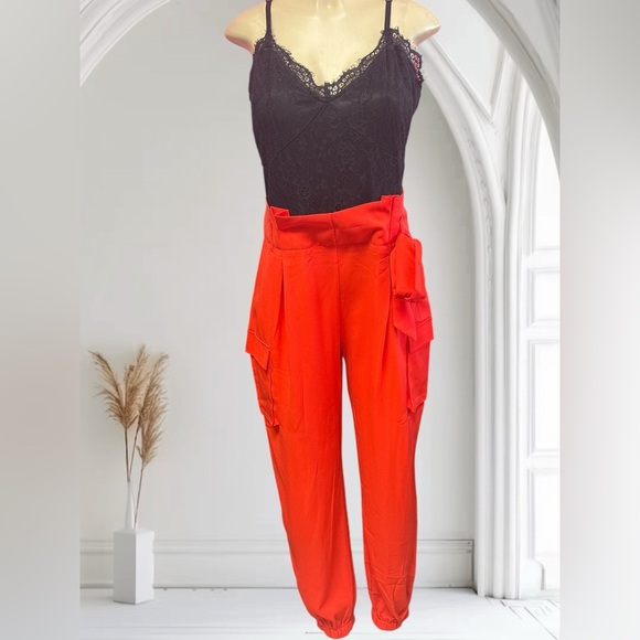 NWTO Orange and Black Jumpsuit with Paper Bag Waist and Tapered Ankle - Picture 1 of 8